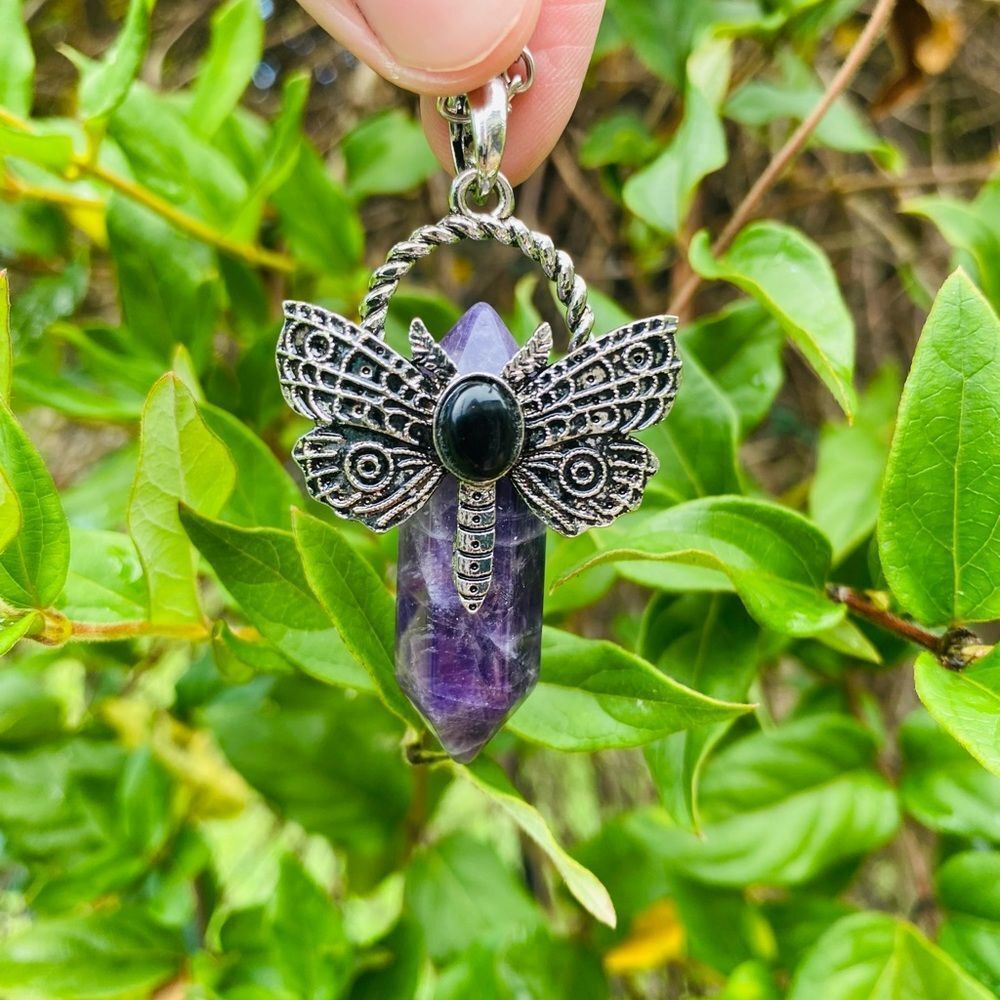 Gothic Moth Pendant Necklace with Antique Silver tone and Purple Gem - Picture 2 of 6